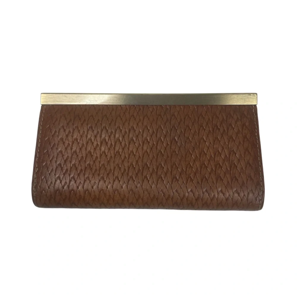 Patricia Nash Cauchy Metal Frame Wallet Woven Leather Cognac Brown